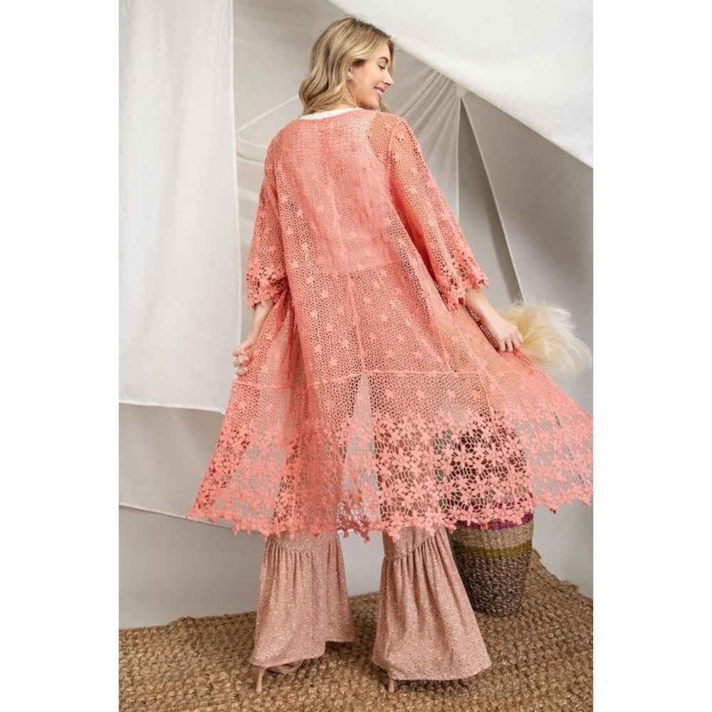 143 Story Coral Floral Crochet Open Front Cardigan - Picture 5 of 5
